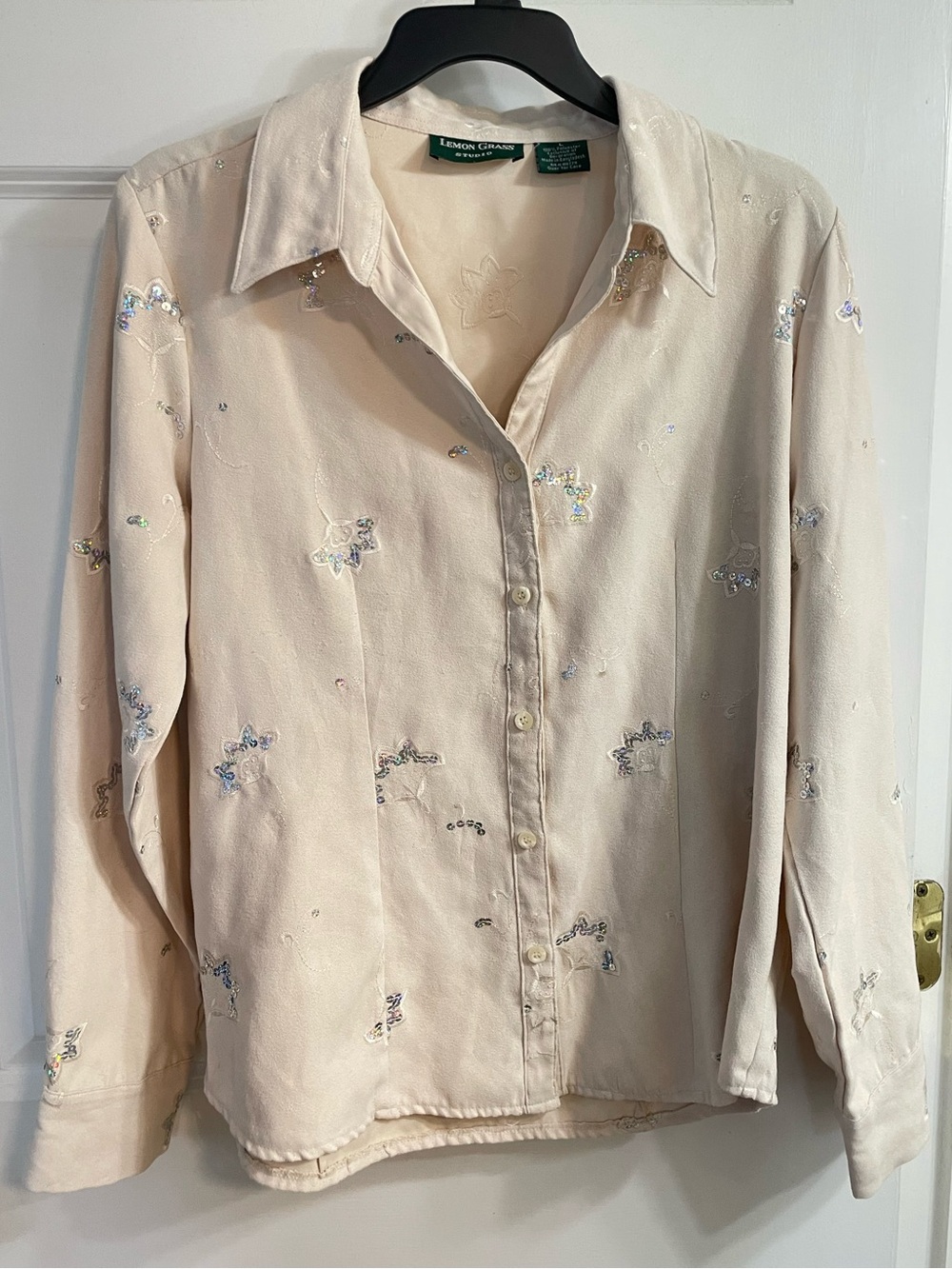 Vintage Lemon Grass Studio Sequin Floral Blouse Cream Polyester Button Up L - Picture 2 of 8